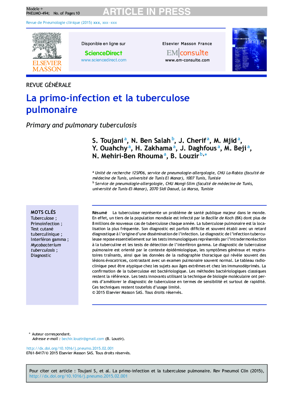 La primo-infection et la tuberculose pulmonaire