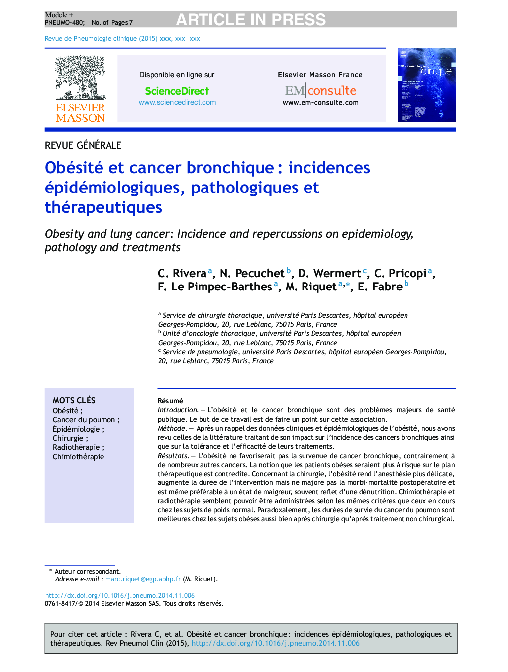 Obésité et cancer bronchiqueÂ : incidences épidémiologiques, pathologiques et thérapeutiques
