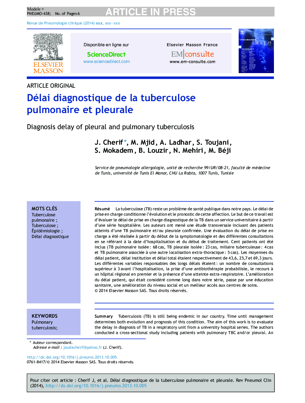 Délai diagnostique de la tuberculose pulmonaire et pleurale