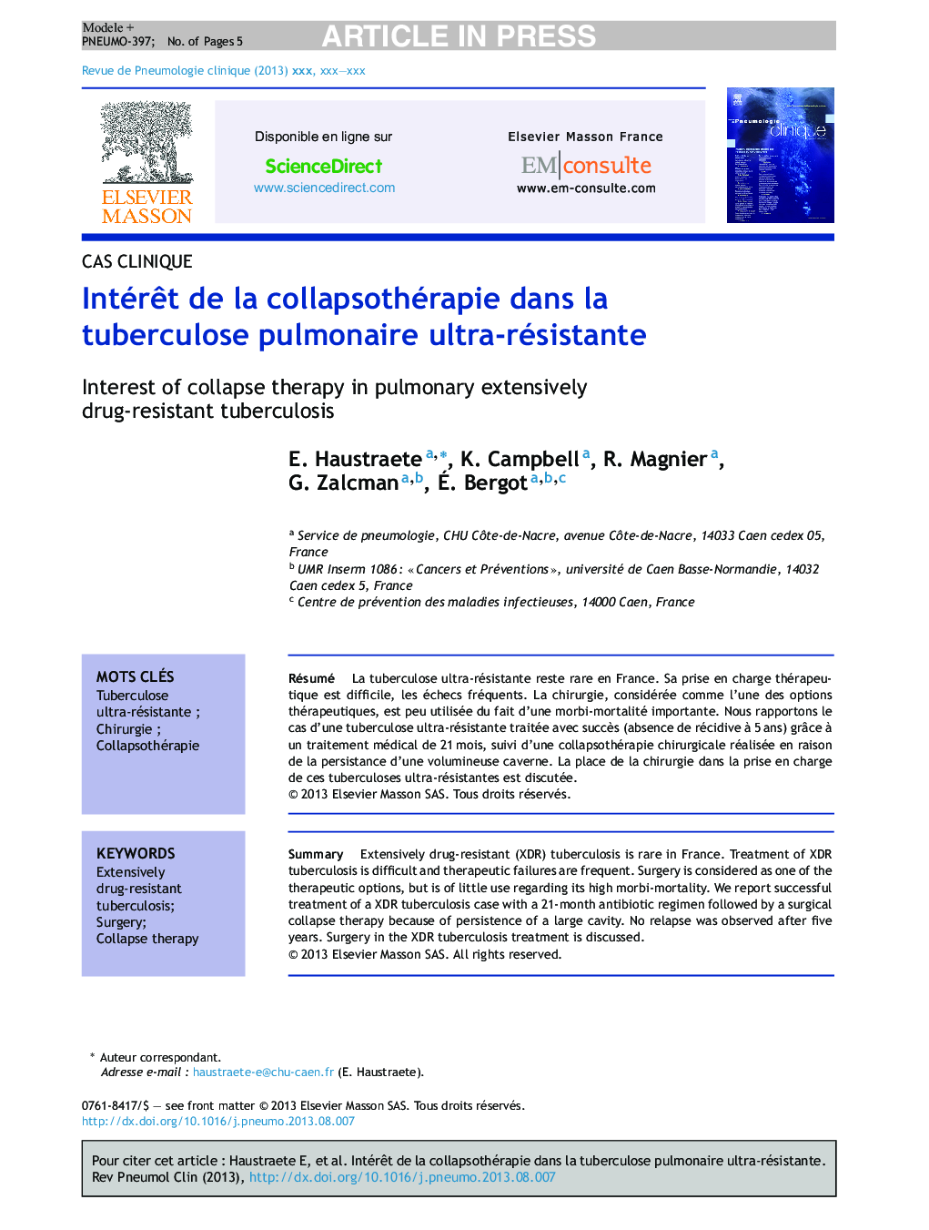 IntérÃªt de la collapsothérapie dans la tuberculose pulmonaire ultra-résistante