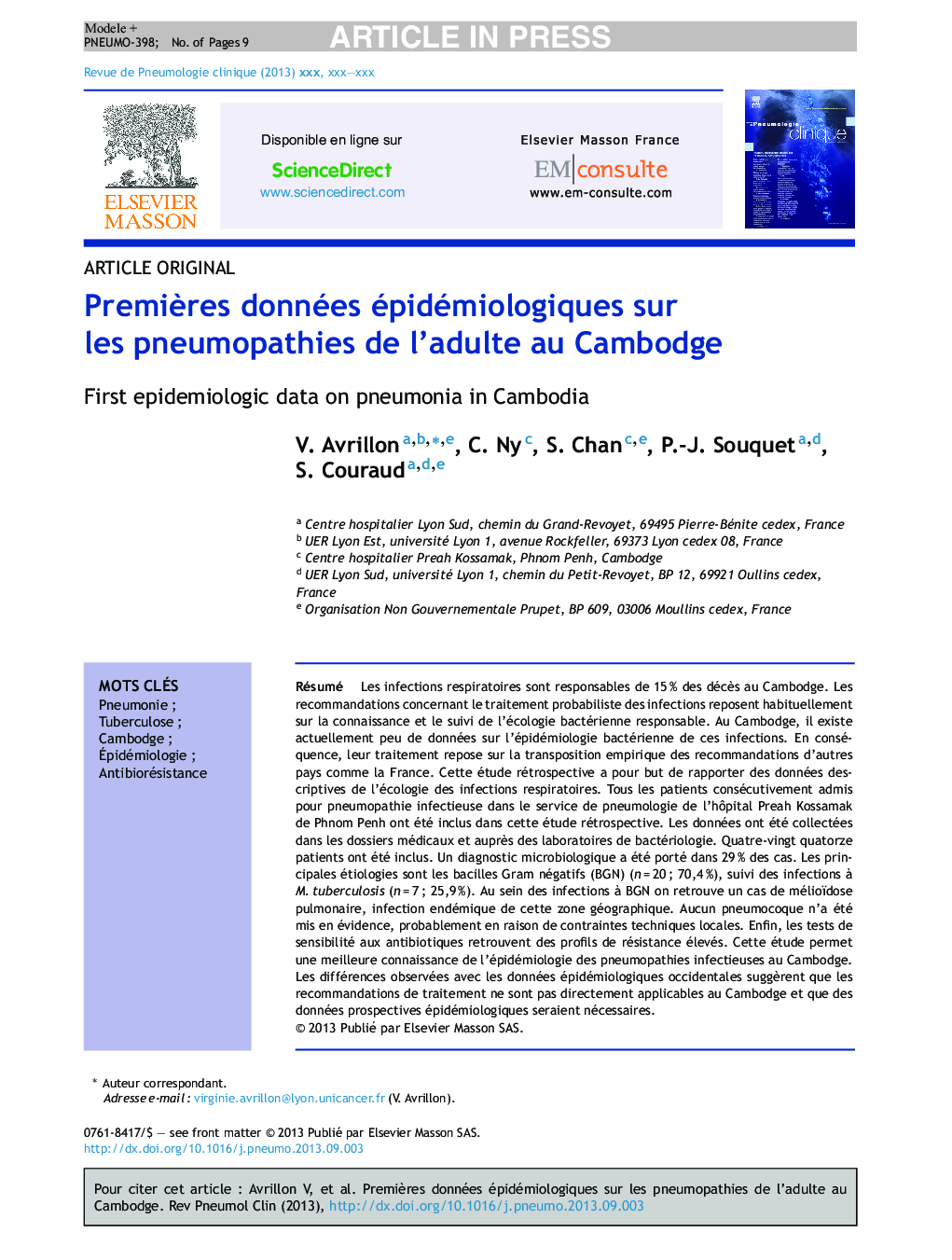 PremiÃ¨res données épidémiologiques sur les pneumopathies de l'adulte au Cambodge