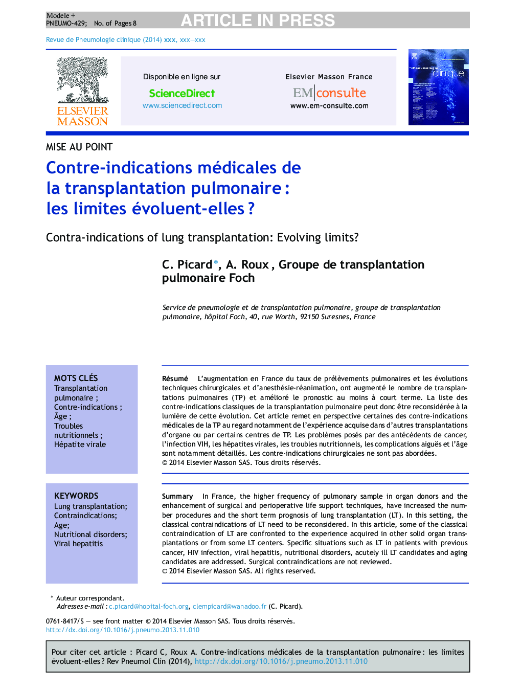 Contre-indications médicales de la transplantation pulmonaireÂ : les limites évoluent-ellesÂ ?