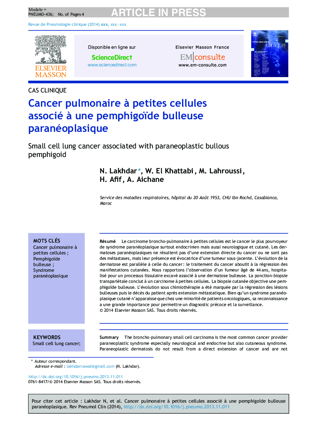 Cancer pulmonaire Ã  petites cellules associé Ã  une pemphigoïde bulleuse paranéoplasique