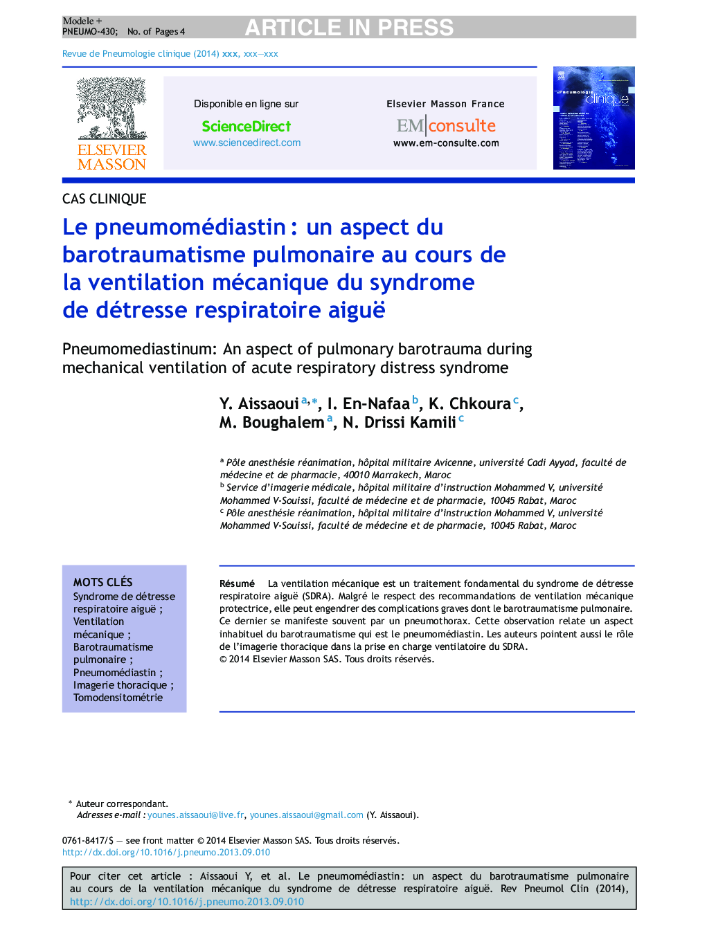 Le pneumomédiastinÂ : un aspect du barotraumatisme pulmonaire au cours de la ventilation mécanique du syndrome de détresse respiratoire aiguë