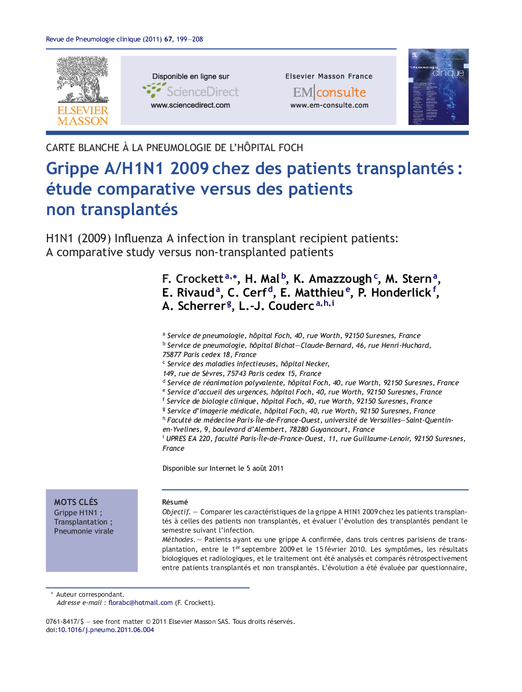 Grippe A/H1N1 2009Â chez des patients transplantésÂ : étude comparative versus des patients non transplantés