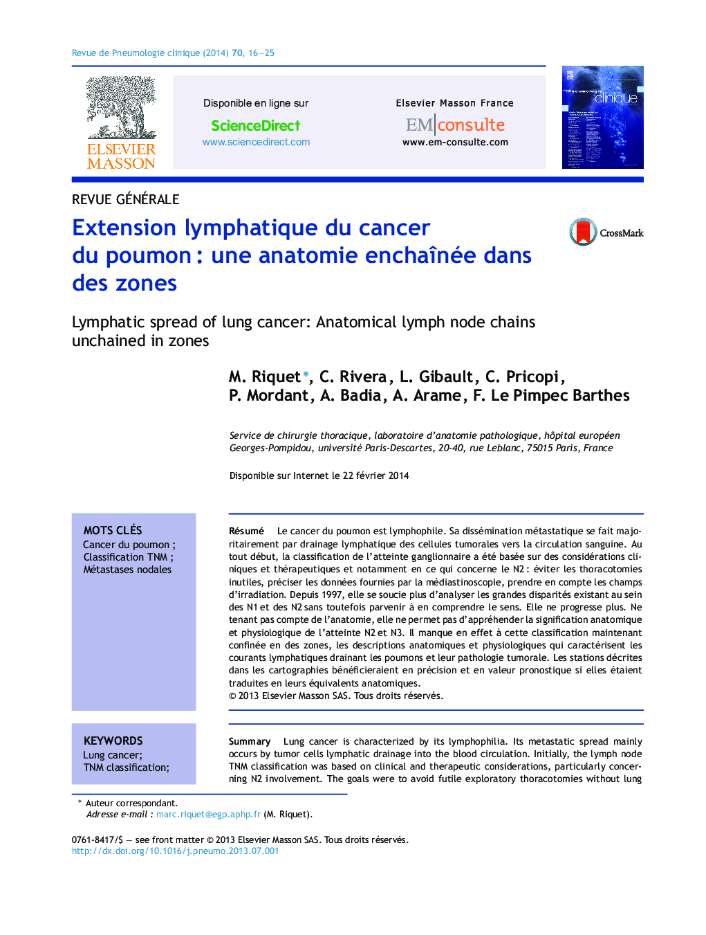 Extension lymphatique du cancer du poumonÂ : une anatomie enchaÃ®née dans des zones