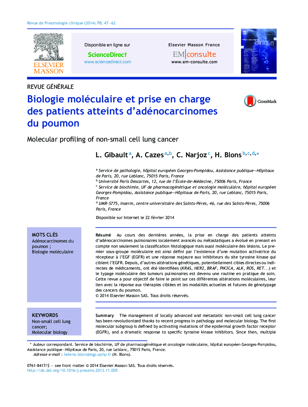 Biologie moléculaire et prise en charge des patients atteints d'adénocarcinomes du poumon