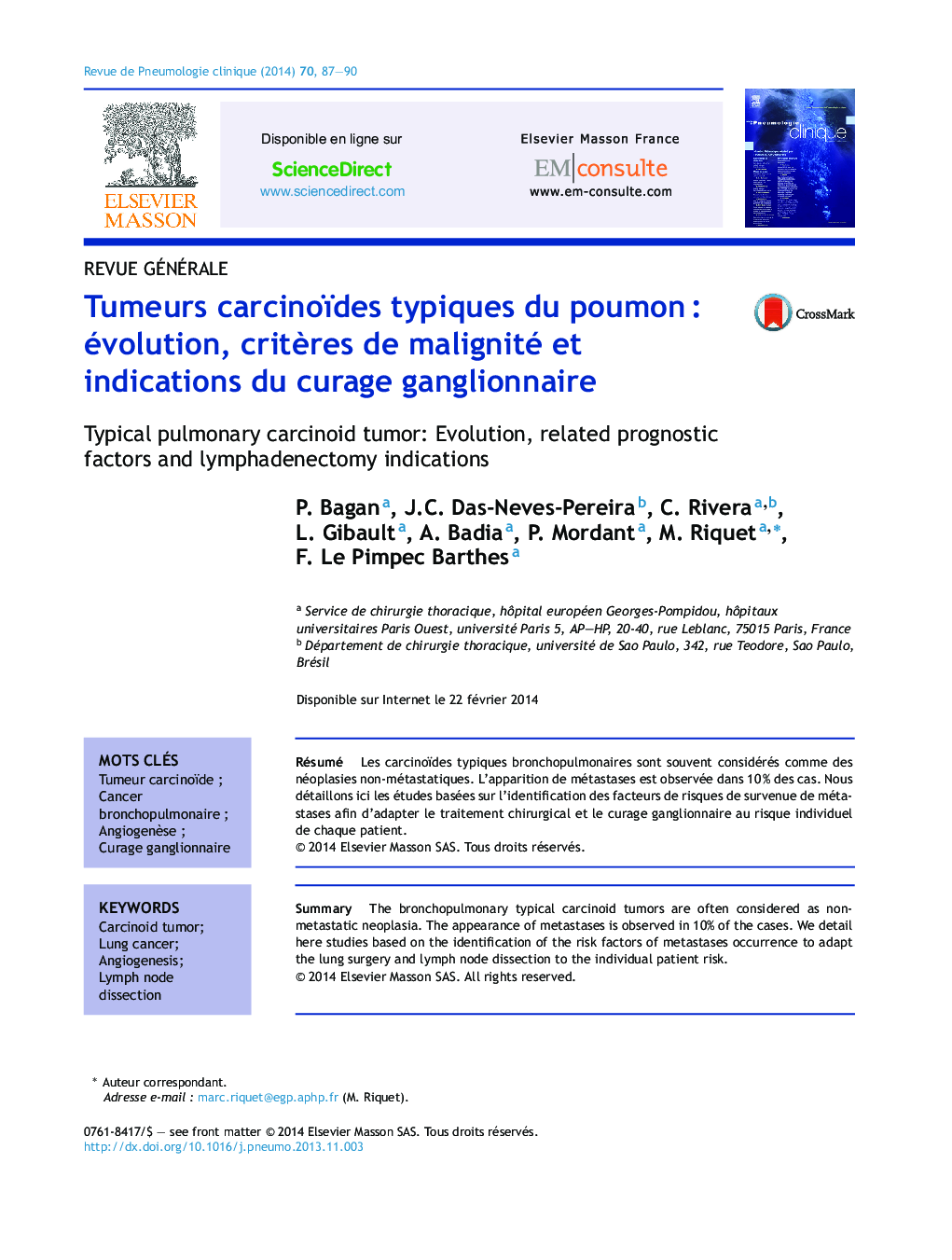 Tumeurs carcinoïdes typiques du poumon : évolution, critères de malignité et indications du curage ganglionnaire