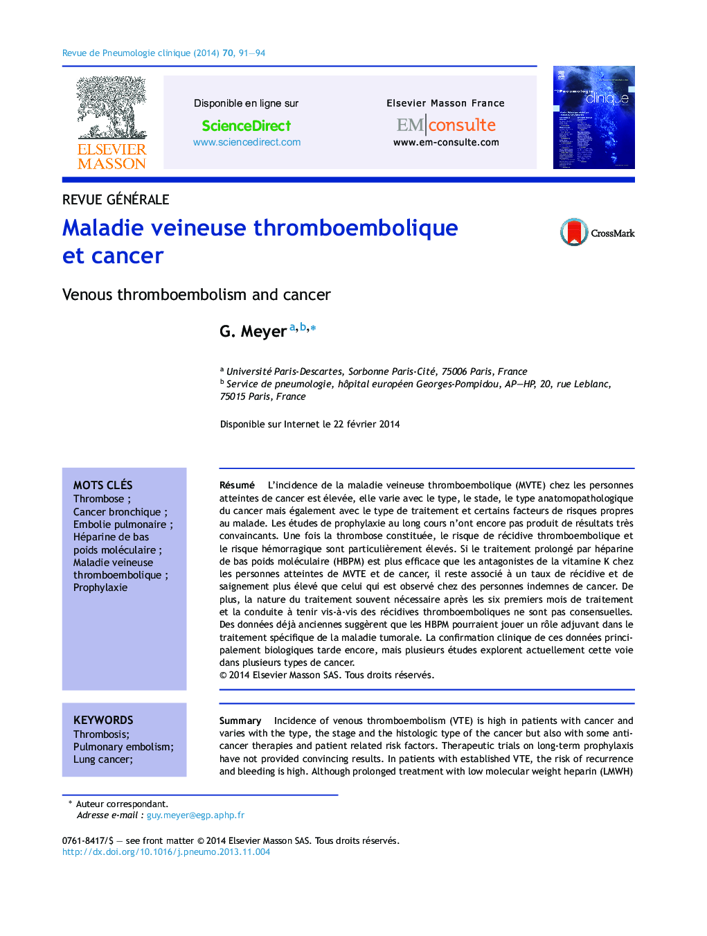 Maladie veineuse thromboembolique et cancer