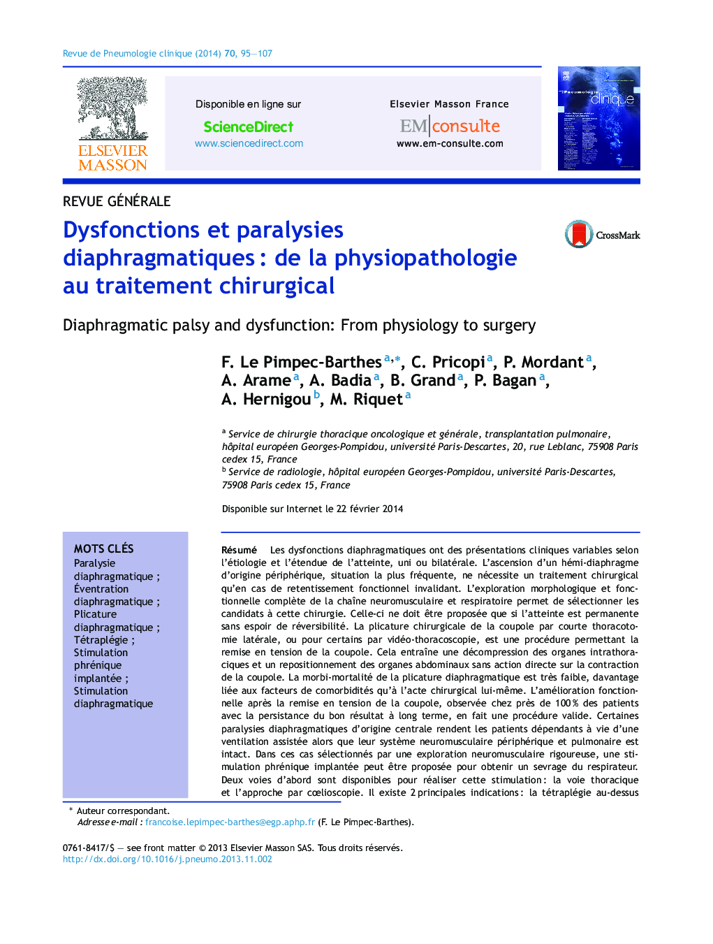 Dysfonctions et paralysies diaphragmatiquesÂ : de la physiopathologie au traitement chirurgical