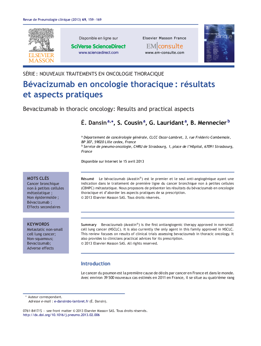 Bévacizumab en oncologie thoraciqueÂ : résultats et aspects pratiques