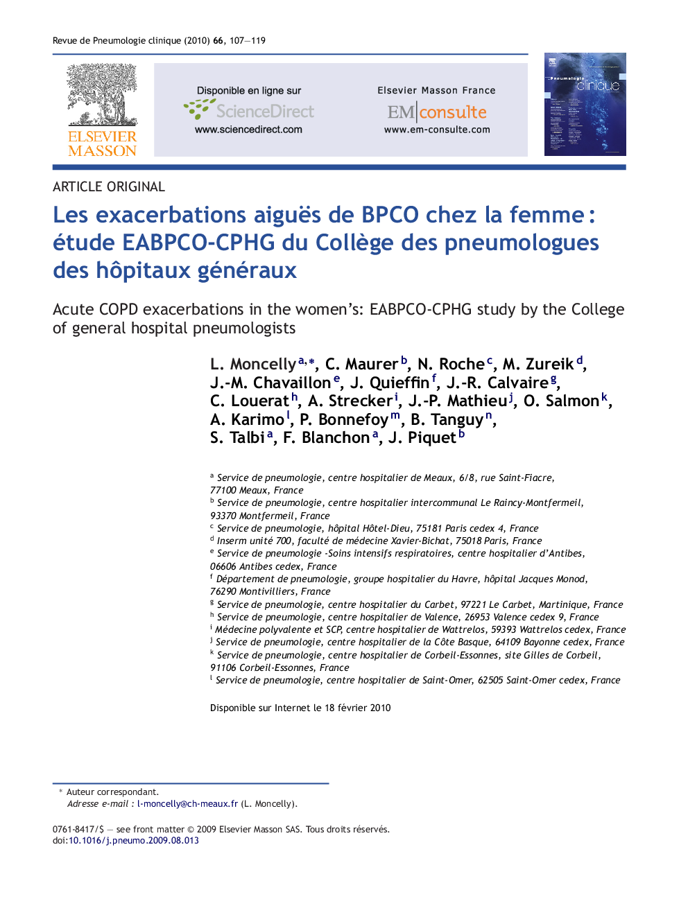 Les exacerbations aiguës de BPCO chez la femmeÂ : étude EABPCO-CPHG du CollÃ¨ge des pneumologues des hÃ´pitaux généraux