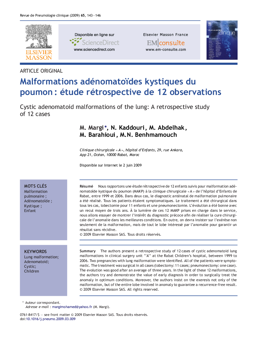 Malformations adénomatoïdes kystiques du poumonÂ : étude rétrospective de 12 observations