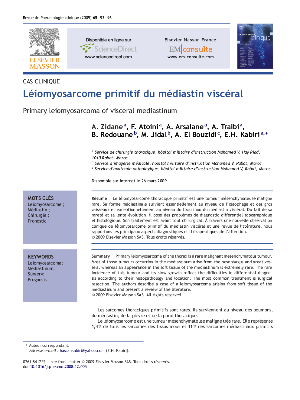 Léiomyosarcome primitif du médiastin viscéral