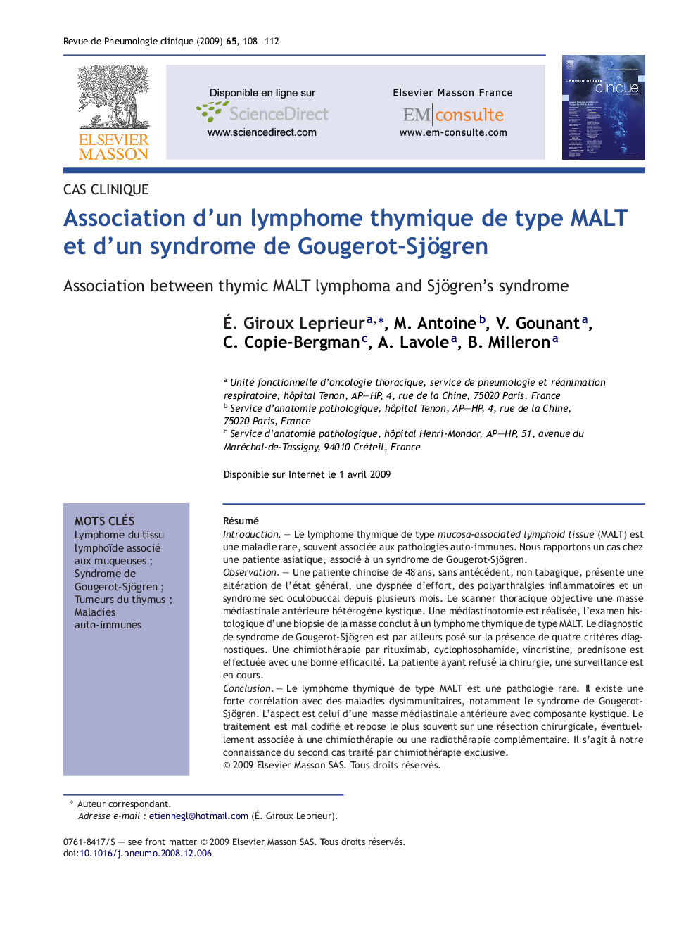 Association d'un lymphome thymique de type MALT et d'un syndrome de Gougerot-Sjögren