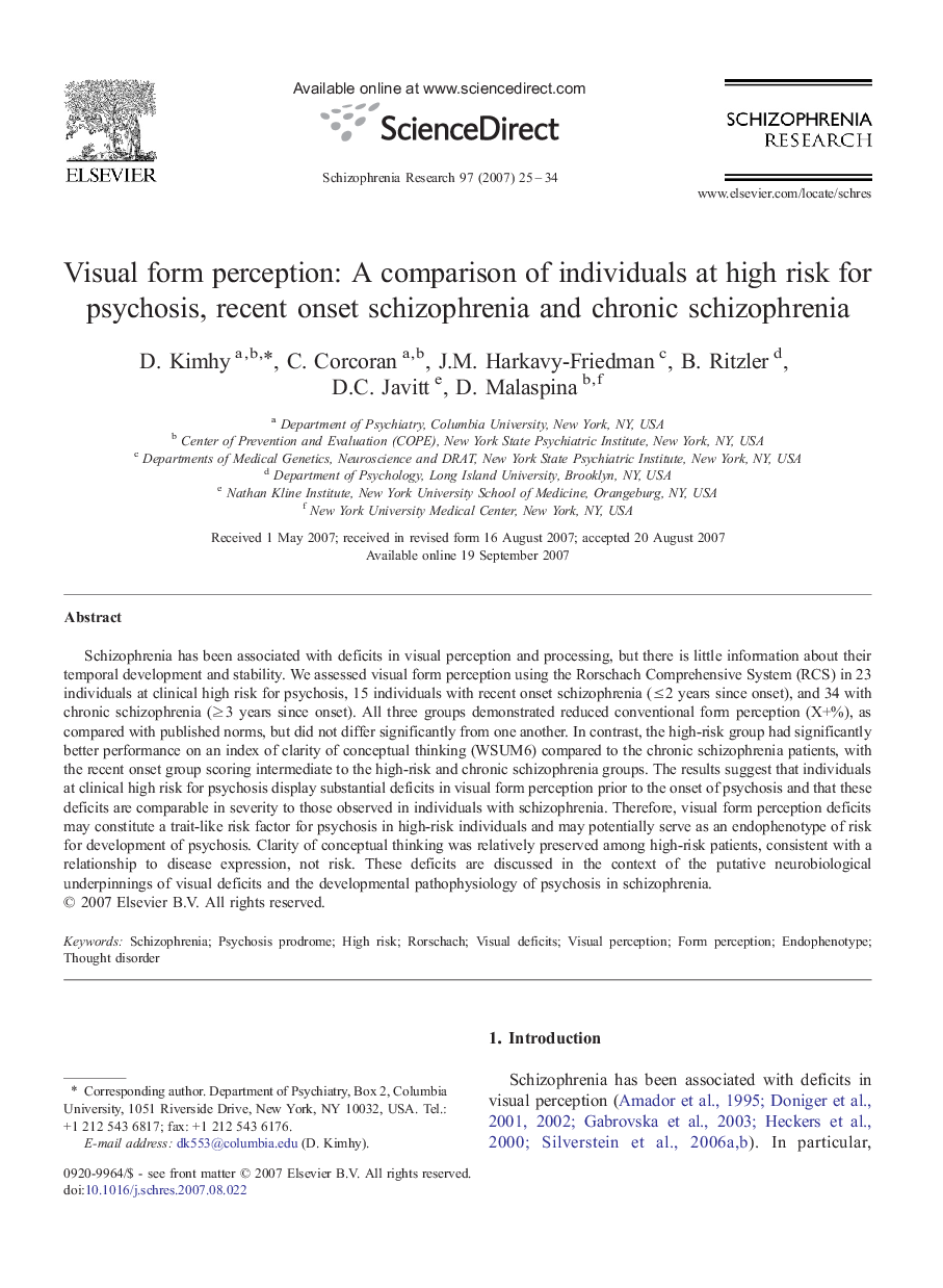 Visual form perception: A comparison of individuals at high risk for psychosis, recent onset schizophrenia and chronic schizophrenia