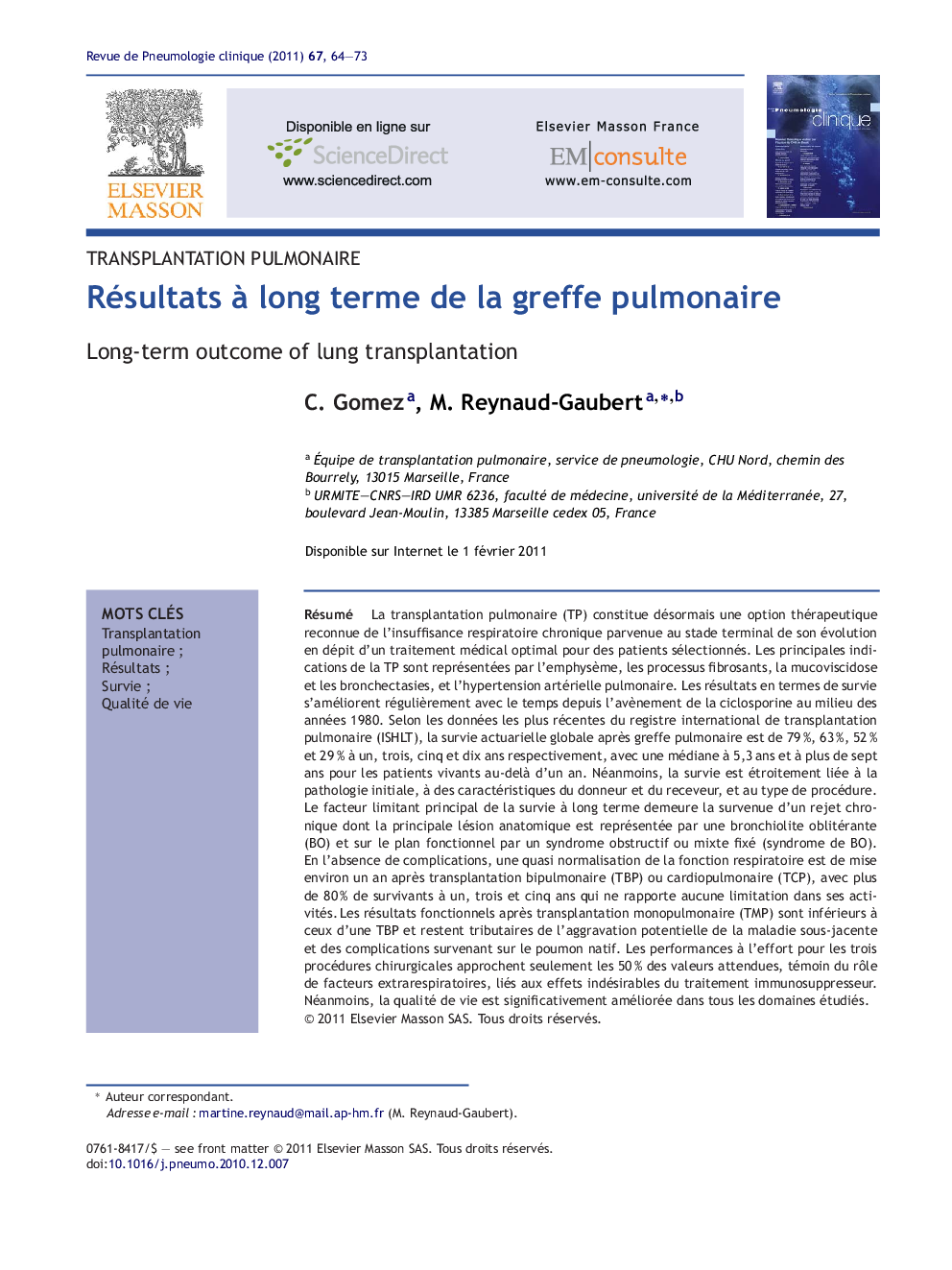 Résultats Ã  long terme de la greffe pulmonaire