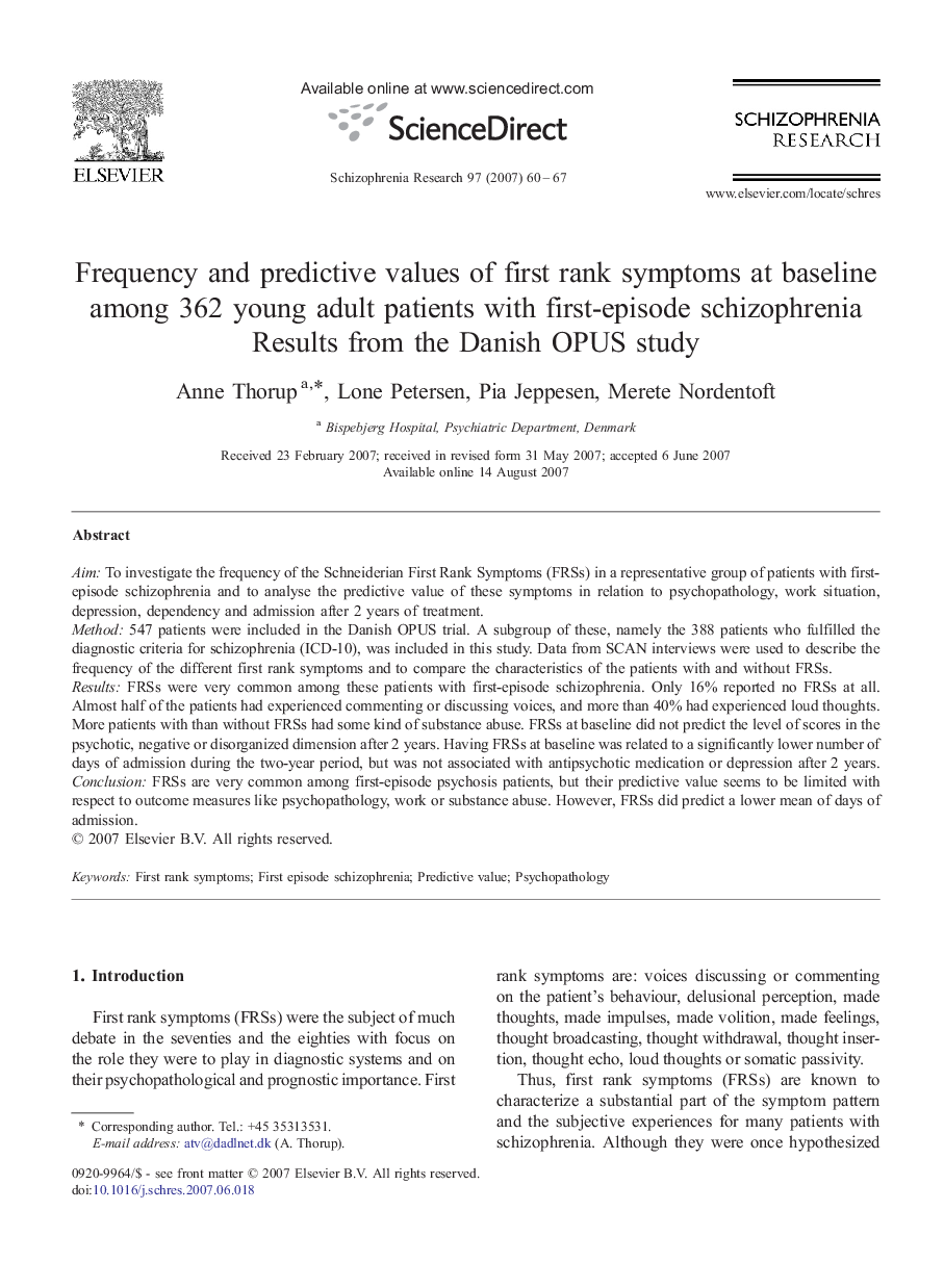 Frequency and predictive values of first rank symptoms at baseline among 362 young adult patients with first-episode schizophrenia: Results from the Danish OPUS study