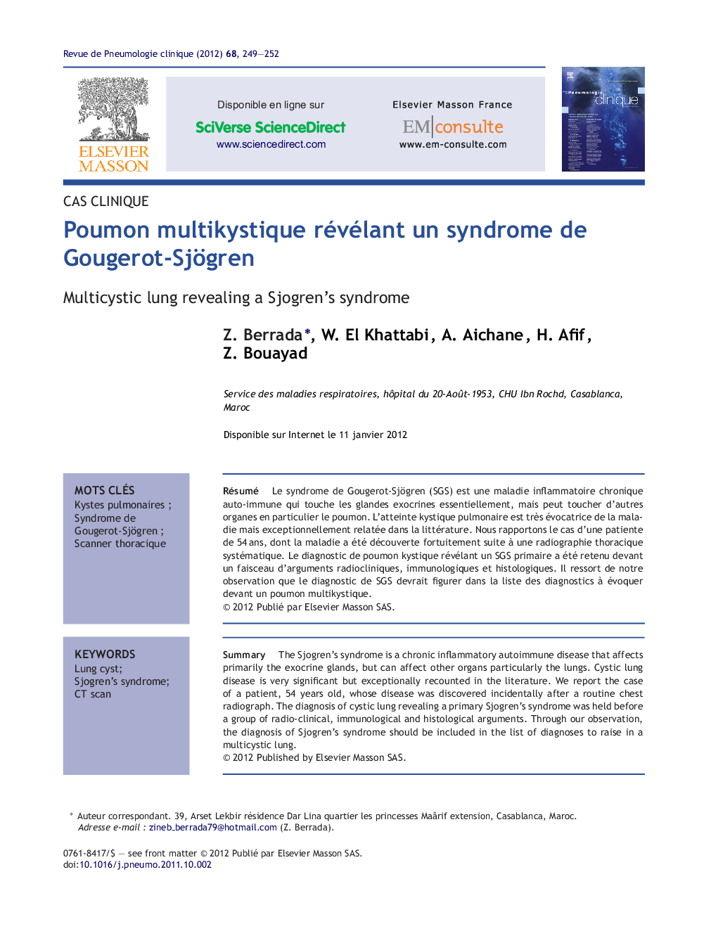 Poumon multikystique révélant un syndrome de Gougerot-Sjögren