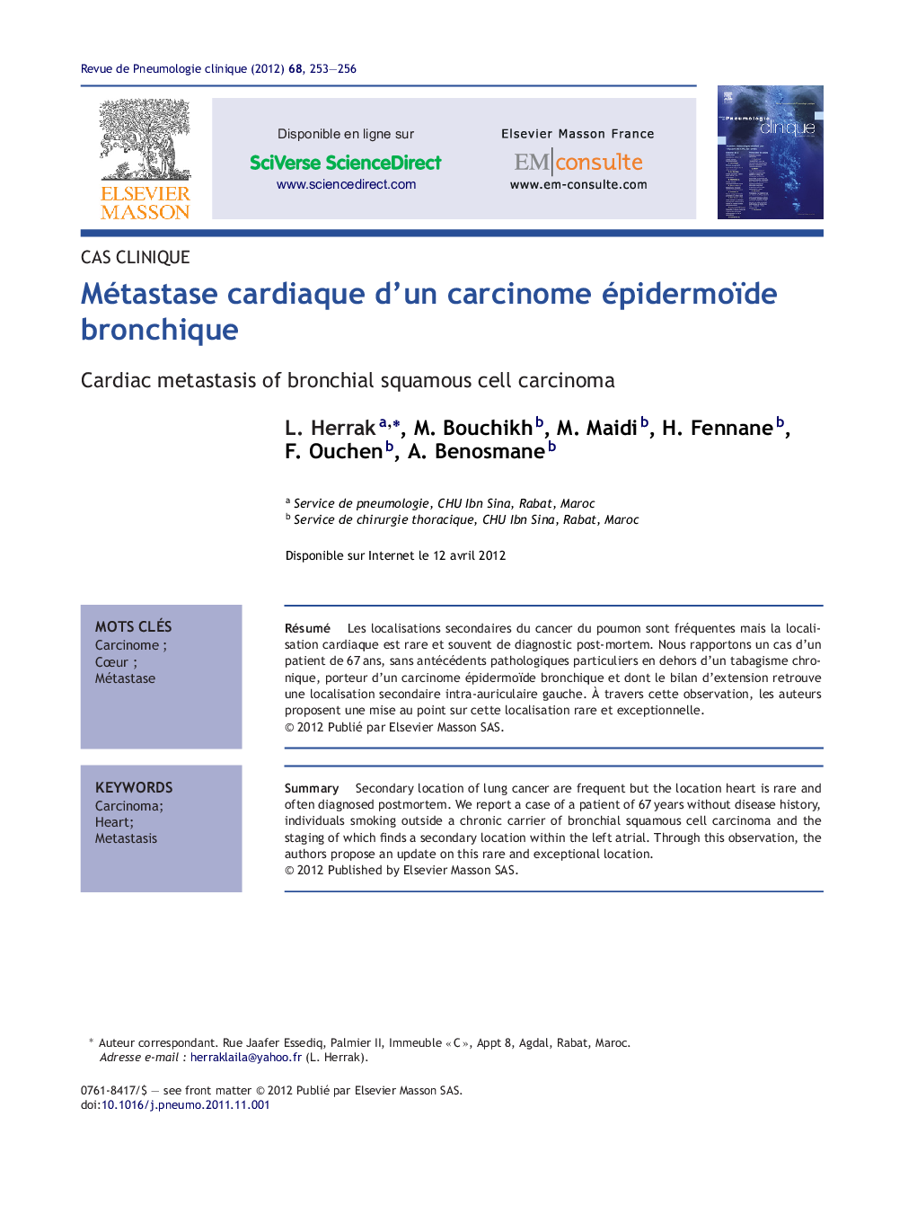 Métastase cardiaque d'un carcinome épidermoïde bronchique