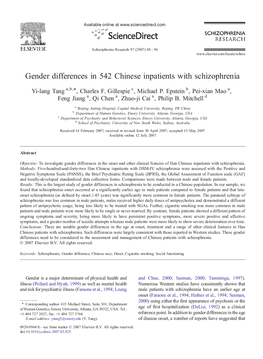 Gender differences in 542 Chinese inpatients with schizophrenia