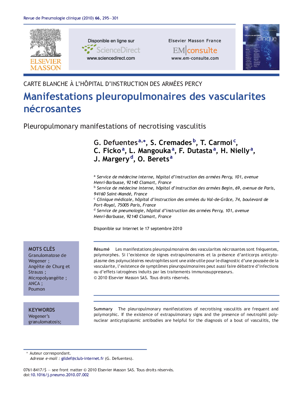 Manifestations pleuropulmonaires des vascularites nécrosantes