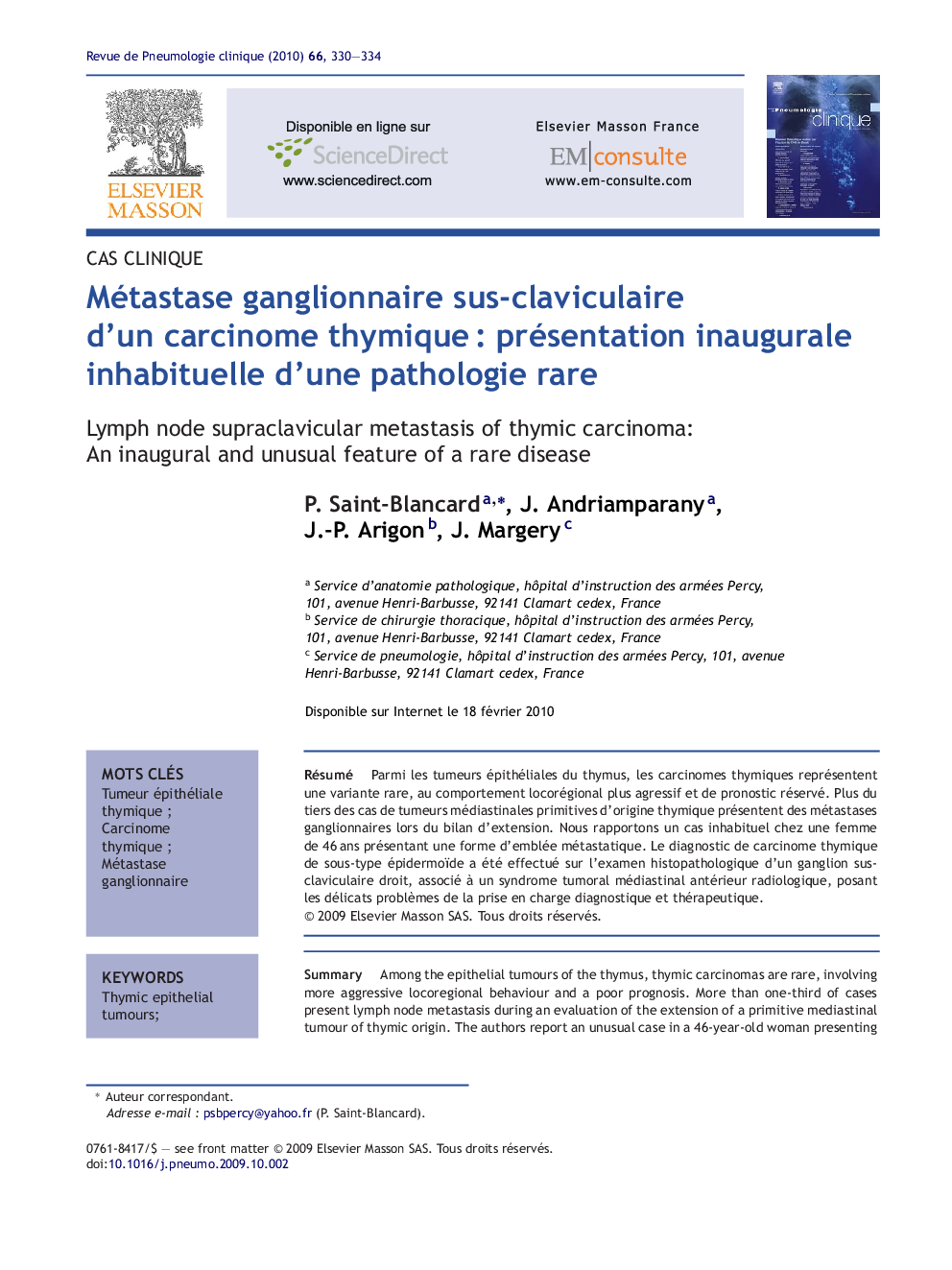 Métastase ganglionnaire sus-claviculaire d'un carcinome thymiqueÂ : présentation inaugurale inhabituelle d'une pathologie rare