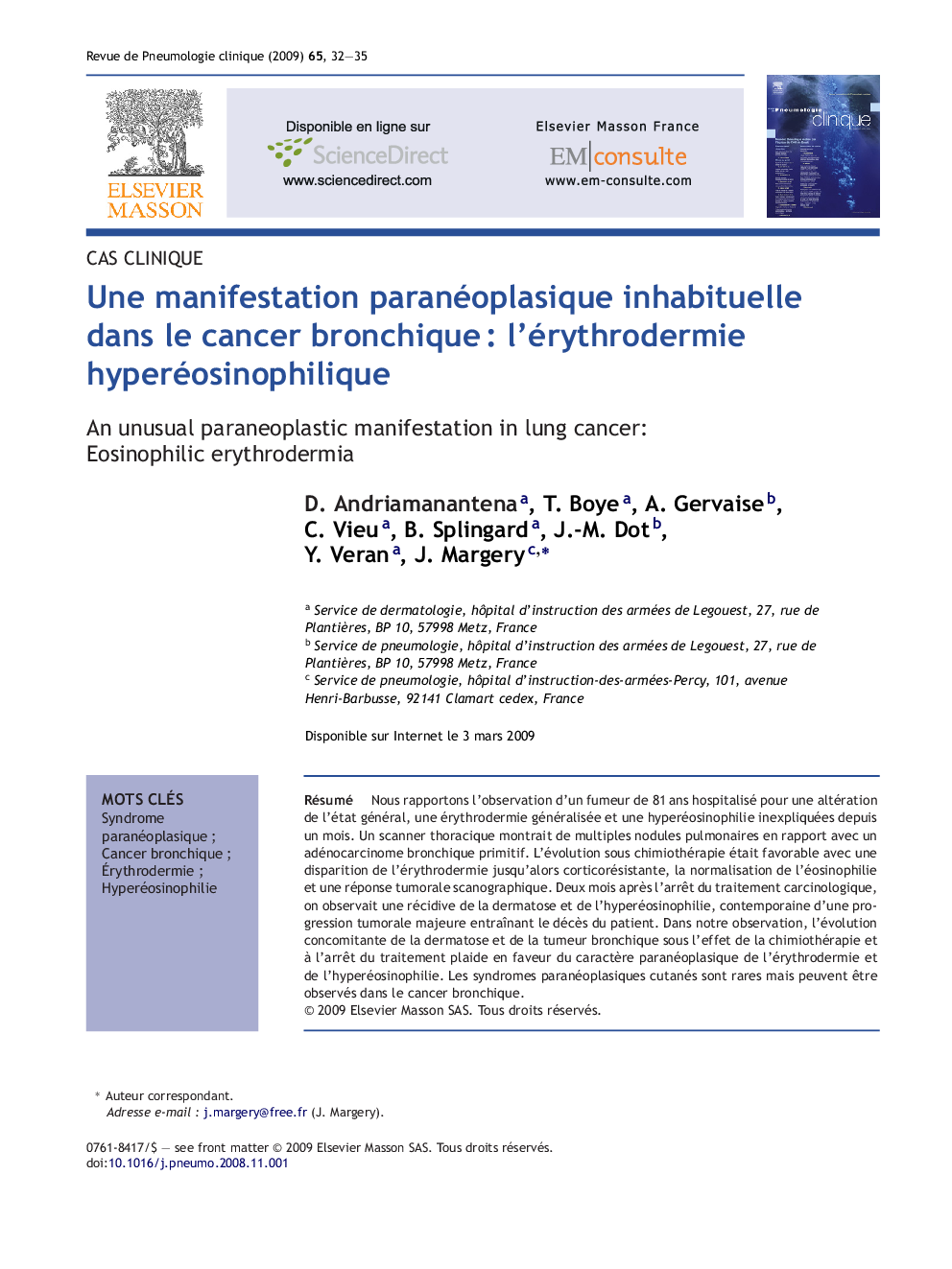 Une manifestation paranéoplasique inhabituelle dans le cancer bronchiqueÂ : l'érythrodermie hyperéosinophilique