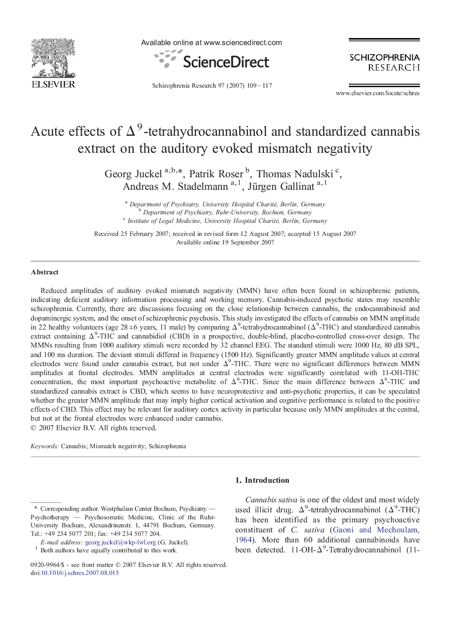 Acute effects of Δ9-tetrahydrocannabinol and standardized cannabis extract on the auditory evoked mismatch negativity
