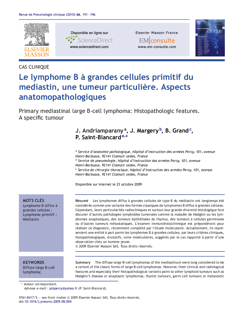 Le lymphome B Ã  grandes cellules primitif du mediastin, une tumeur particuliÃ¨re. Aspects anatomopathologiques