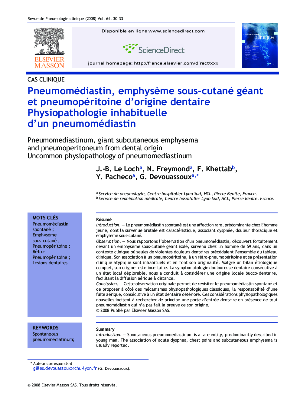 Pneumomédiastin, emphysÃ¨me sous-cutané géant et pneumopéritoine d'origine dentaire Physiopathologie inhabituelle d'un pneumomédiastin