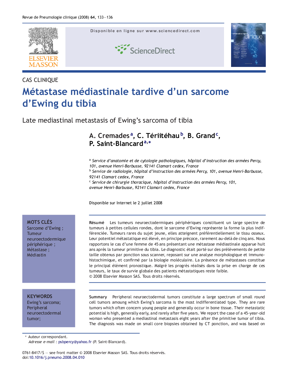 Métastase médiastinale tardive d'un sarcome d'Ewing du tibia