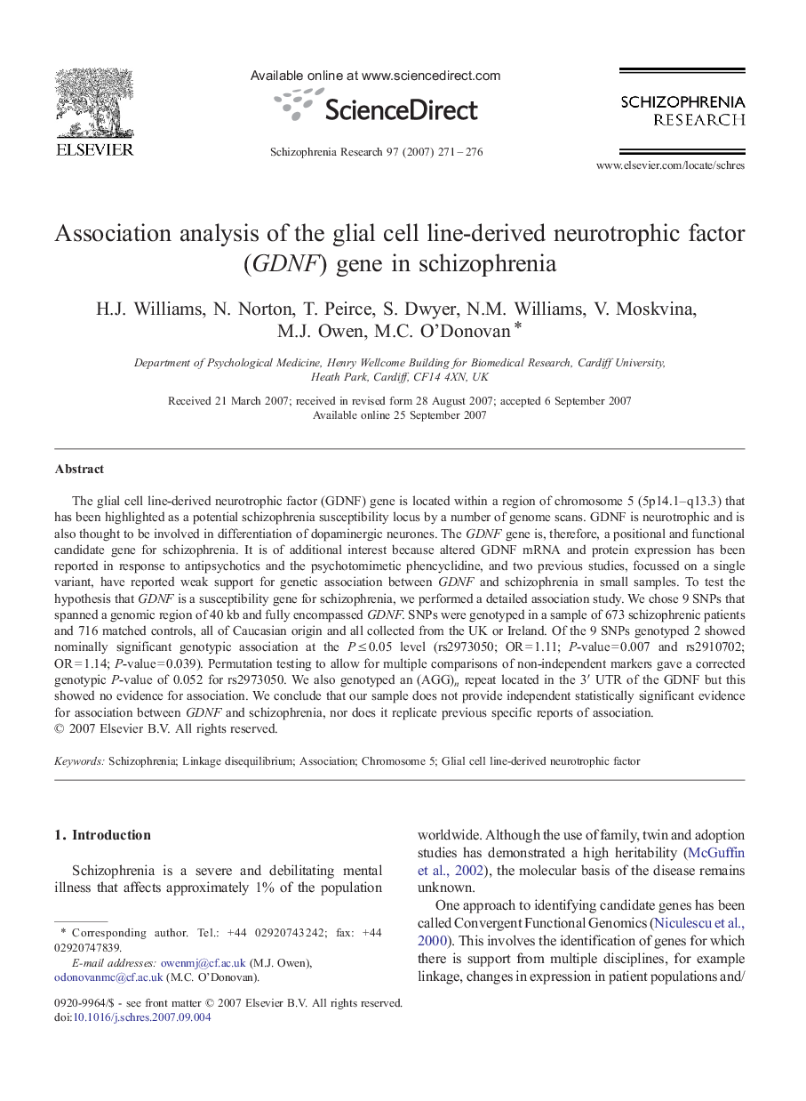 Association analysis of the glial cell line-derived neurotrophic factor (GDNF) gene in schizophrenia