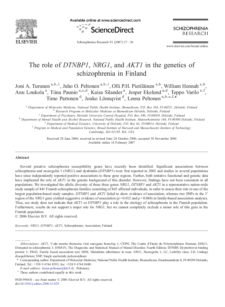 The role of DTNBP1, NRG1, and AKT1 in the genetics of schizophrenia in Finland