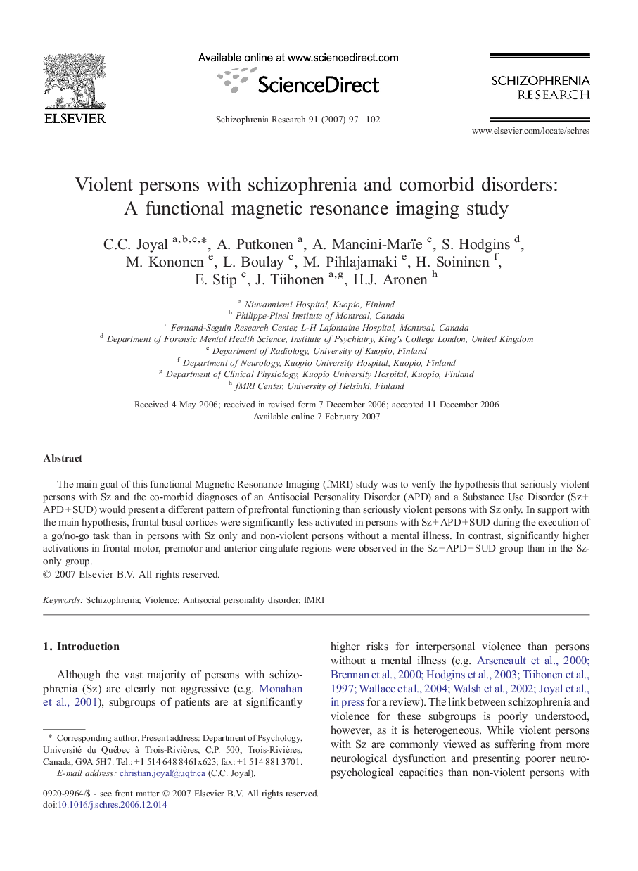 Violent persons with schizophrenia and comorbid disorders: A functional magnetic resonance imaging study