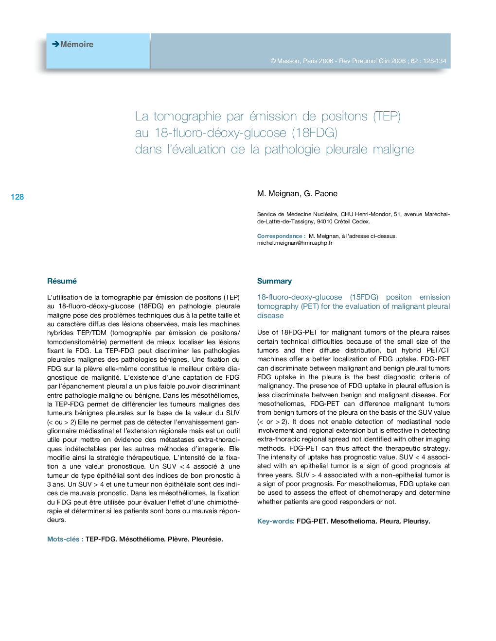 La tomographie par émission de positons (TEP) au 18-fluoro-déoxy-glucose (18FDG) dans l'évaluation de la pathologie pleurale maligne