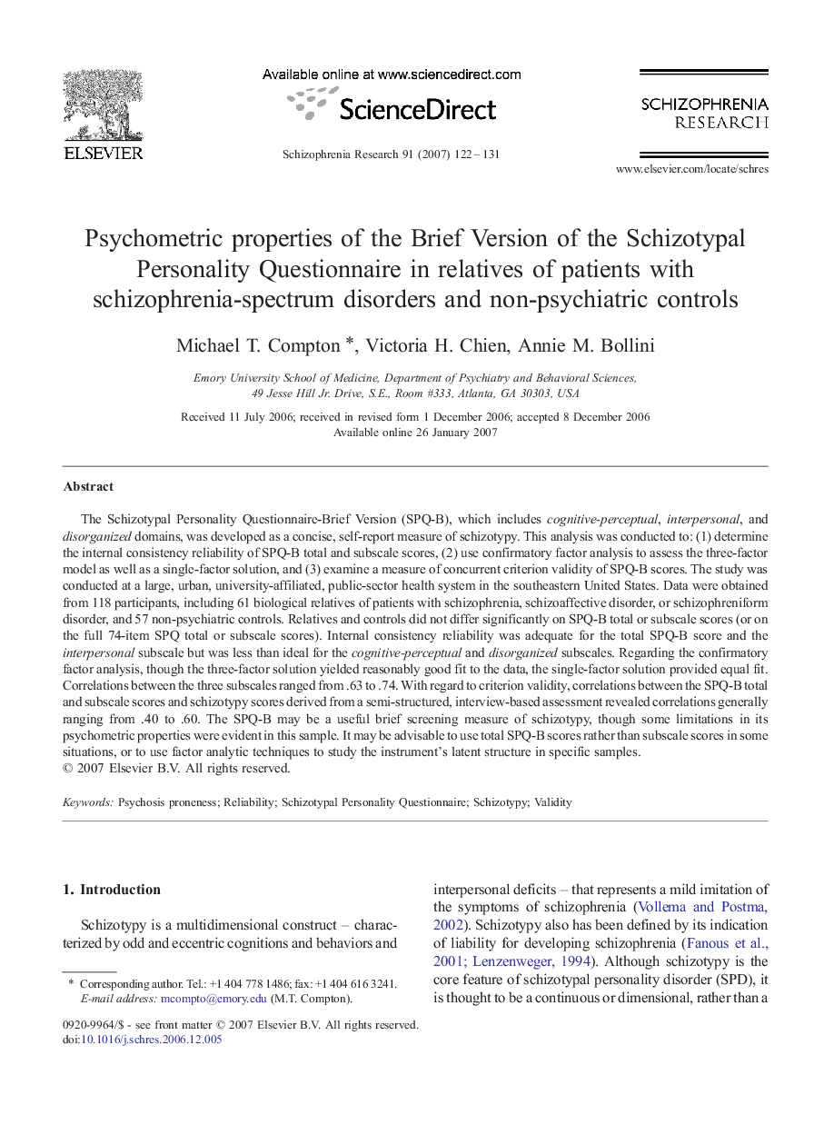 Psychometric properties of the Brief Version of the Schizotypal Personality Questionnaire in relatives of patients with schizophrenia-spectrum disorders and non-psychiatric controls