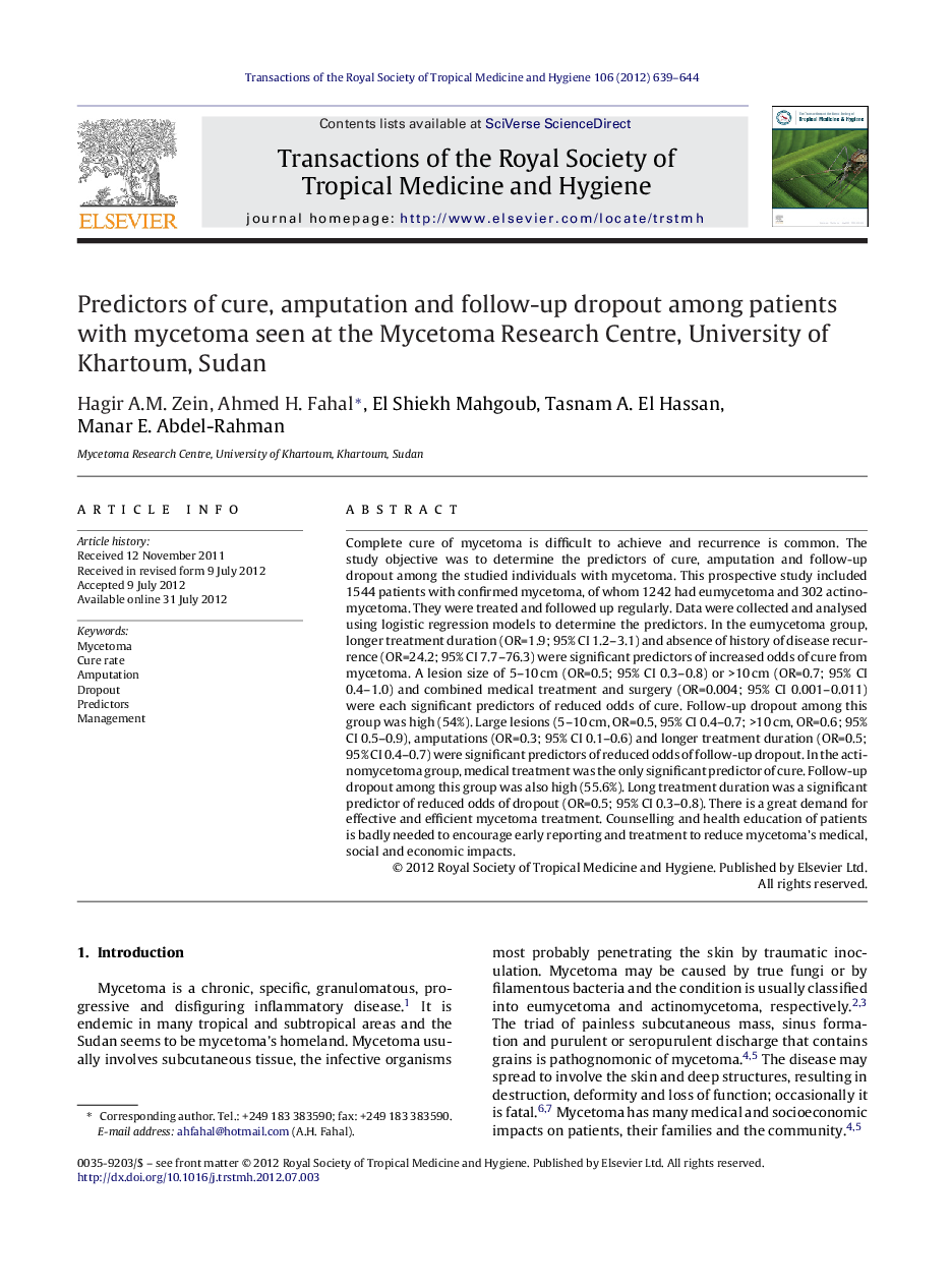 Predictors of cure, amputation and follow-up dropout among patients with mycetoma seen at the Mycetoma Research Centre, University of Khartoum, Sudan