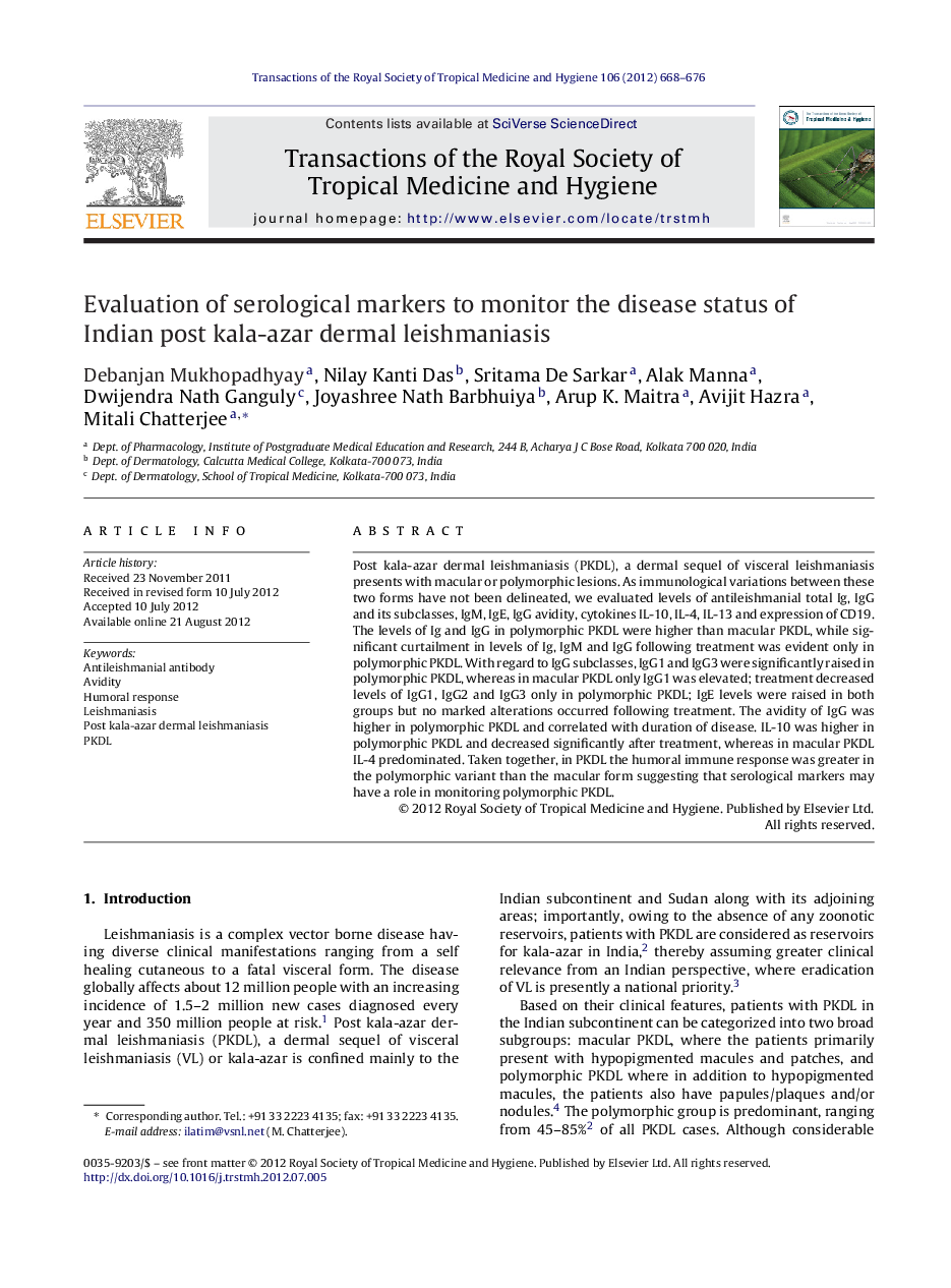 Evaluation of serological markers to monitor the disease status of Indian post kala-azar dermal leishmaniasis