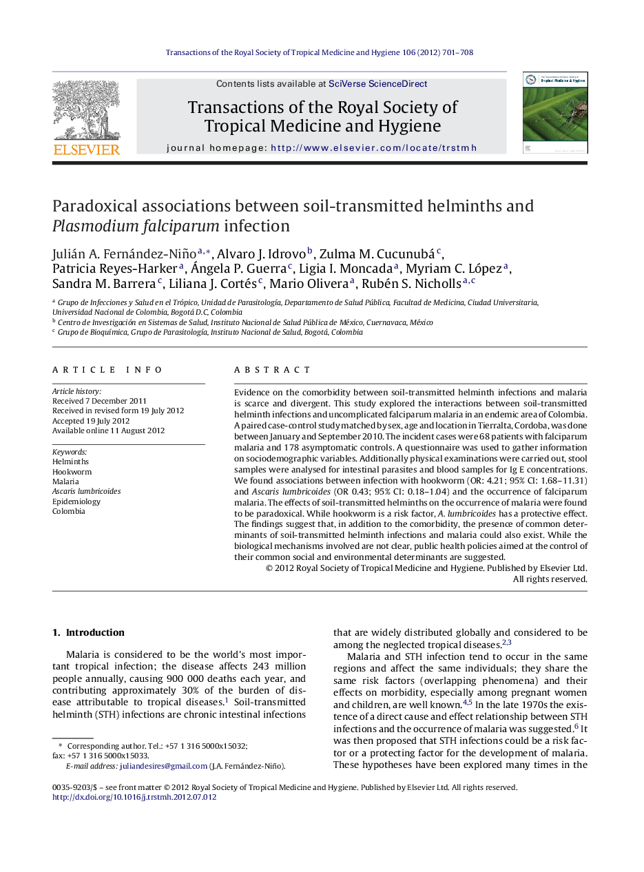 Paradoxical associations between soil-transmitted helminths and Plasmodium falciparum infection