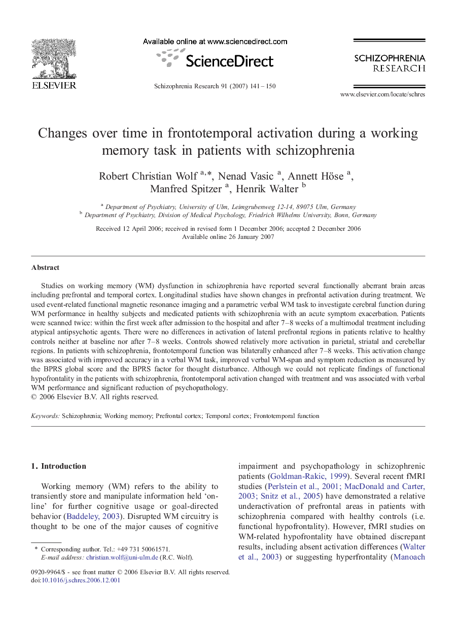 Changes over time in frontotemporal activation during a working memory task in patients with schizophrenia