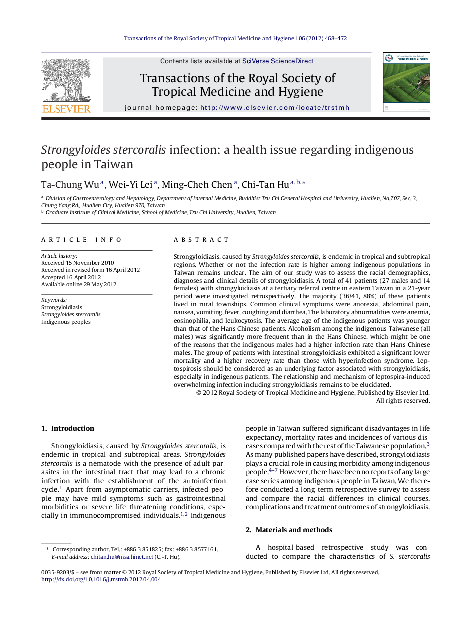 Strongyloides stercoralis infection: a health issue regarding indigenous people in Taiwan