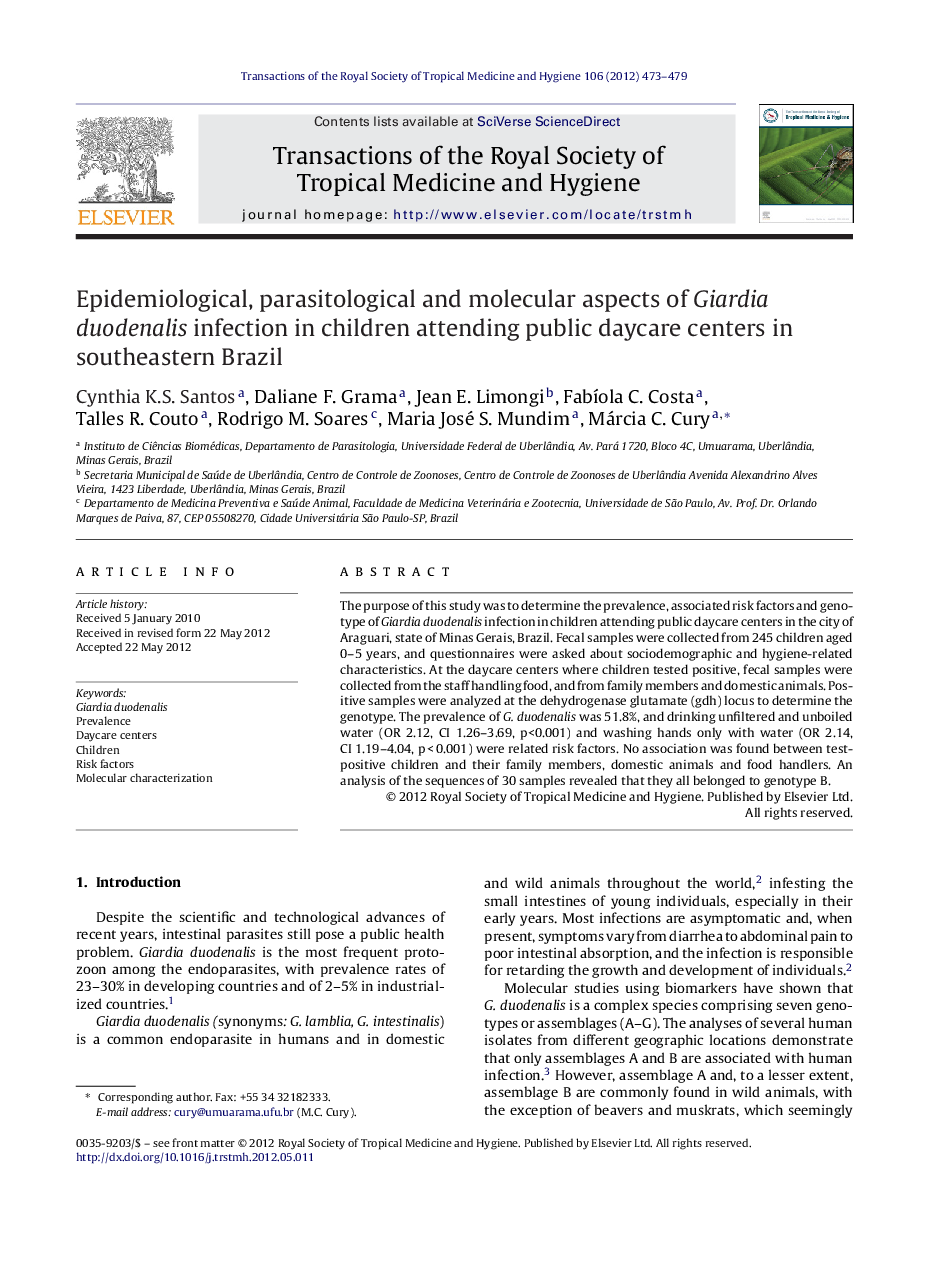 Epidemiological, parasitological and molecular aspects of Giardia duodenalis infection in children attending public daycare centers in southeastern Brazil