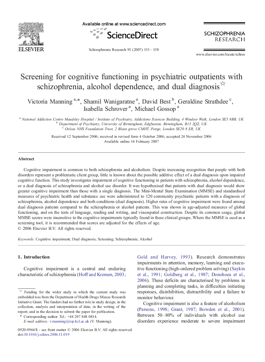 Screening for cognitive functioning in psychiatric outpatients with schizophrenia, alcohol dependence, and dual diagnosis 