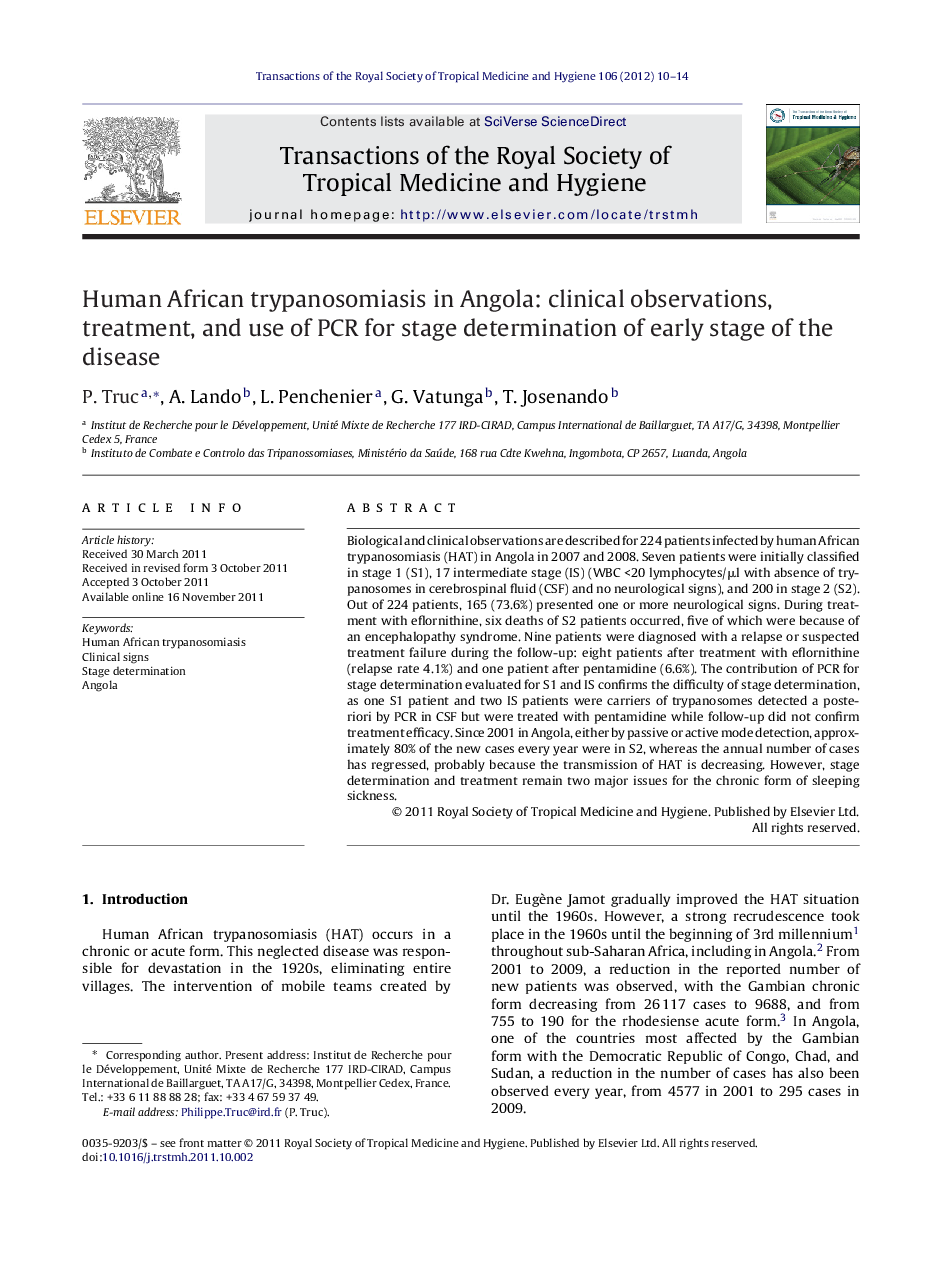 Human African trypanosomiasis in Angola: clinical observations, treatment, and use of PCR for stage determination of early stage of the disease