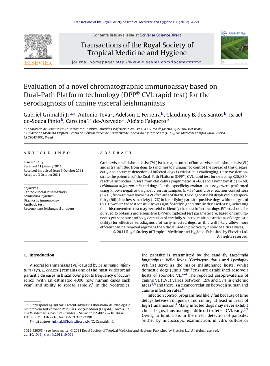 Evaluation of a novel chromatographic immunoassay based on Dual-Path Platform technology (DPP® CVL rapid test) for the serodiagnosis of canine visceral leishmaniasis