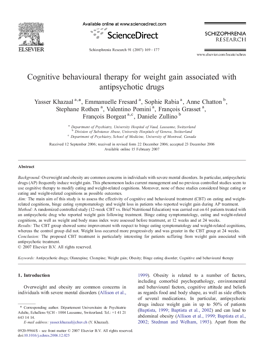 Cognitive behavioural therapy for weight gain associated with antipsychotic drugs