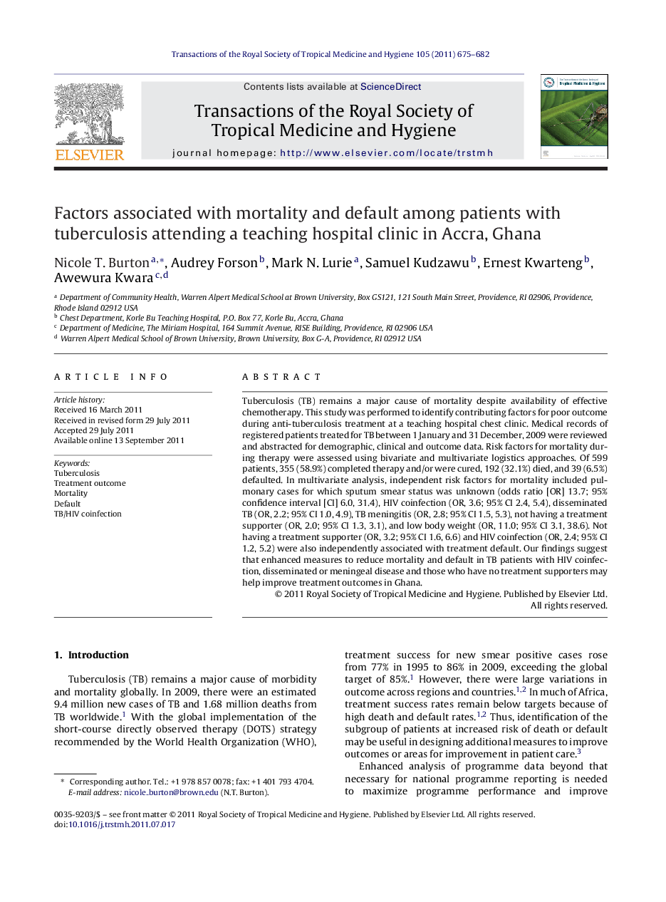 Factors associated with mortality and default among patients with tuberculosis attending a teaching hospital clinic in Accra, Ghana