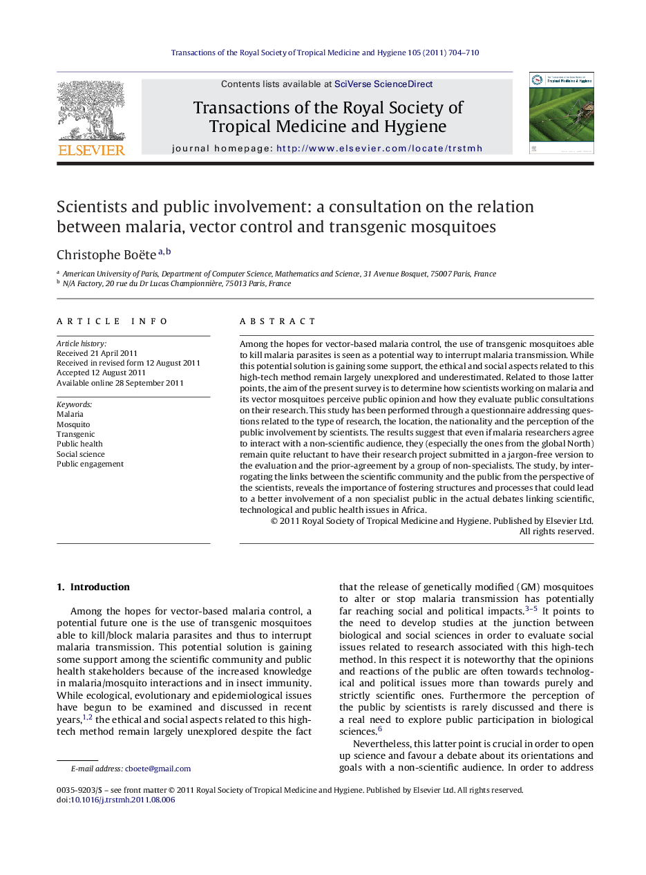 Scientists and public involvement: a consultation on the relation between malaria, vector control and transgenic mosquitoes