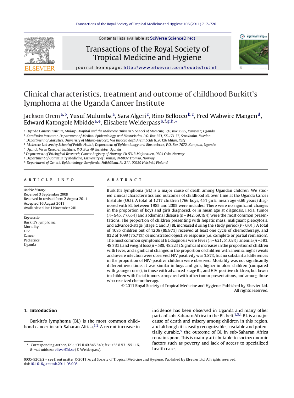 Clinical characteristics, treatment and outcome of childhood Burkitt's lymphoma at the Uganda Cancer Institute